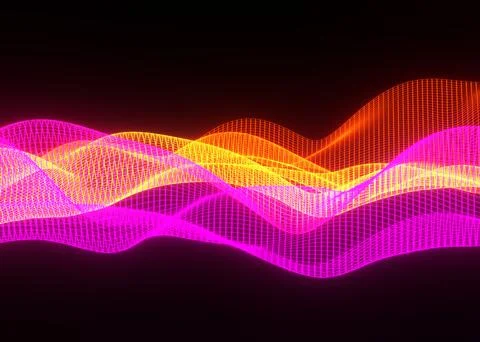 3d abstract background of flying neon particles in motion, wavy lines flow bi Illustrazione stock