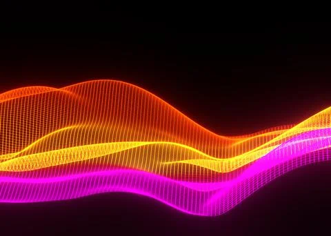3d abstract background of flying neon particles in motion, wavy lines flow bi Illustrazione stock