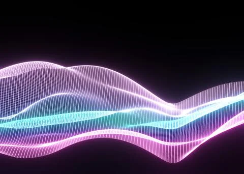 3d abstract background of flying neon particles in motion, wavy lines flow bi Stock Illustration