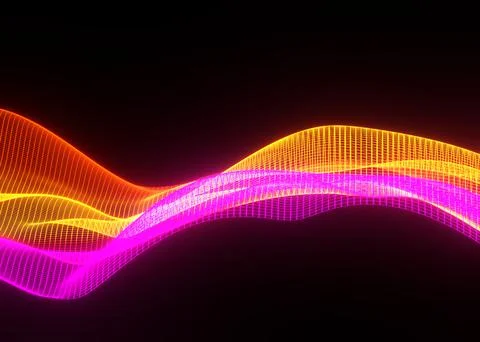 3d abstract background of flying neon particles in motion, wavy lines flow bi Stock Illustration