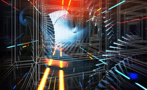 3d abstract background illustration with perspective on lights and lines Stock Illustration