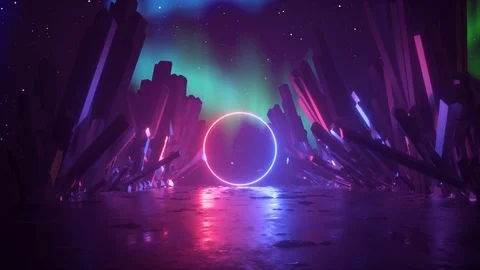 3d abstract background, mysterious cosmic landscape, neon light ring shape, f Video stock 108102218
