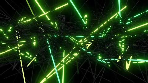 3d abstract background with neon light, green flashes of light bulbs of unusual Illustrazione stock