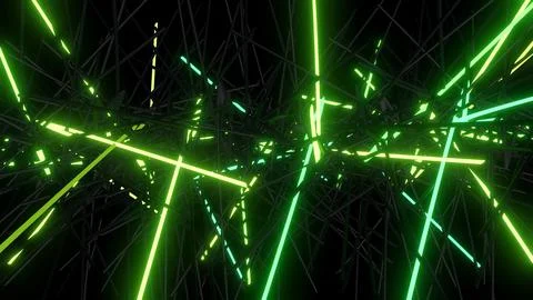 3d abstract background with neon light, green flashes of light bulbs of unusual Illustrazione stock