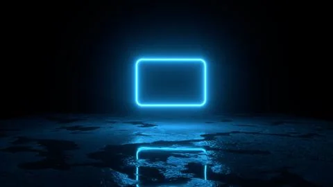 3d abstract background render, blue neon frame fly over the ground, retrowave Stock Illustration