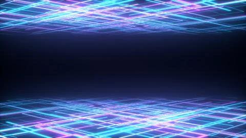 3d abstract background render, pink neon lines fly in space, retrowave and Illustrazione stock