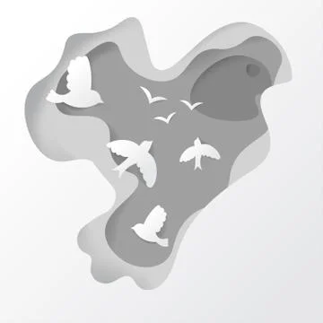 3D abstract background with white paper cut shapes. Bird in cut style shape Stock Illustration