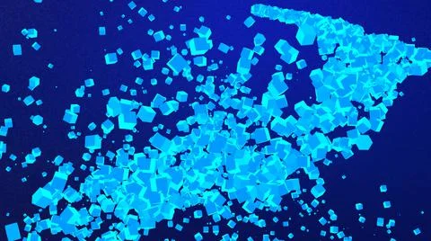 3D Abstract Blue Glowing Cube Particles with dark blue background, 3D Render Stock Illustration