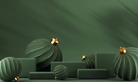 3D abstract Christmas dark background with green Christmas ornaments Stock Illustration