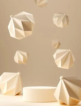3D abstract Christmas light background with beige geometric Christmas ornaments Illustrazione stock