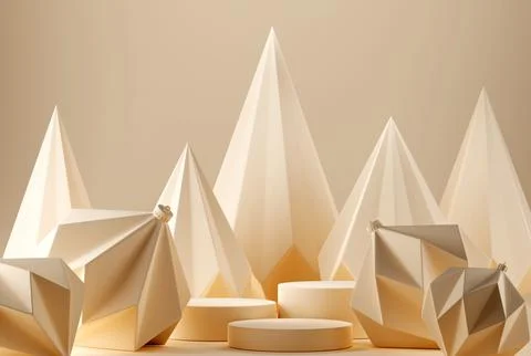 3D abstract Christmas light background with beige geometric Christmas ornaments Stock Illustration