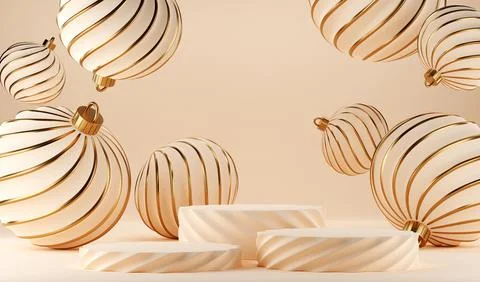 3D abstract Christmas light background with beige Christmas ornaments Stock Illustration