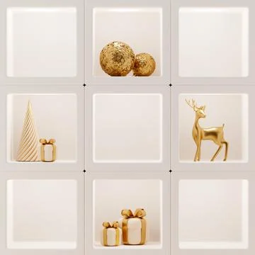 3D abstract Christmas light background with beige Christmas decorations Stock Illustration