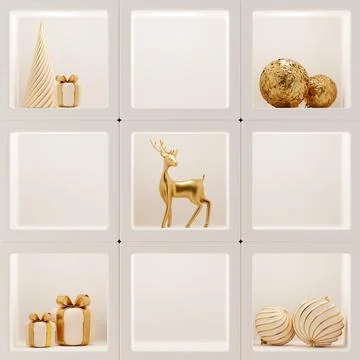 3D abstract Christmas light background with beige Christmas decorations Stock Illustration