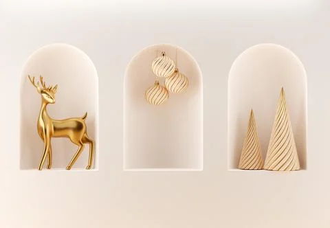 3D abstract Christmas light background with beige Christmas decorations Stock Illustration