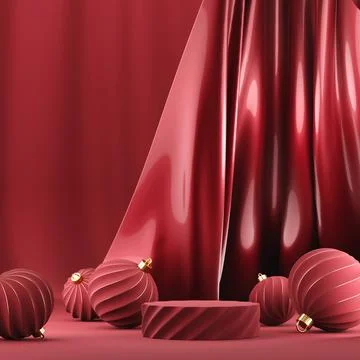 3D abstract Christmas red background with red Christmas ornaments Stock Illustration