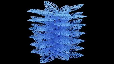 3D Abstract Column Structure Made of Blue Glitter Leaves on Black Stock Illustration