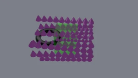 3D abstract composition with transparent green cube and purple cones Stock Footage 347712057