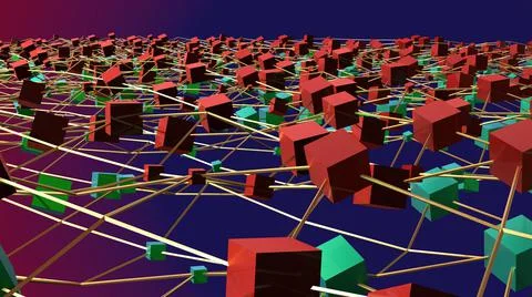 3D Abstract connected red and green cube, with gradient blue and purple gradient Illustrazione stock