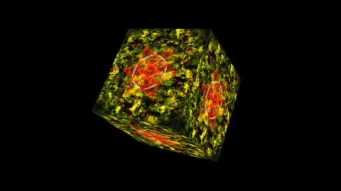 3D abstract cube with vibrant yellow-green textured surface and circular gl.. Stock Footage 338216034