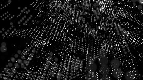 3D abstract digital technology animated white light particles on black back.. Stock Illustration