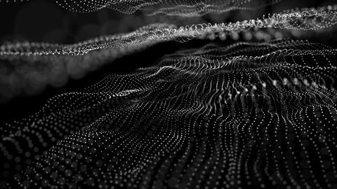 3D abstract digital technology animated white light particles on black back.. 스톡 일러스트