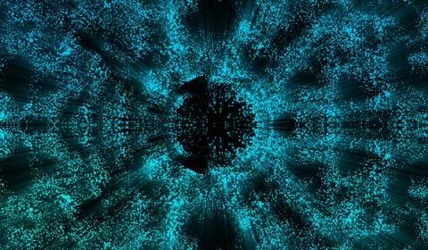 3D abstract digital technology blue light particles on black background. Stock Illustration