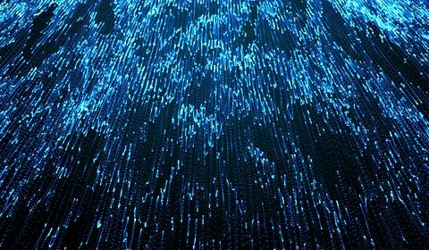 3D abstract digital technology blue light particles on blue background. Stock-Illustration