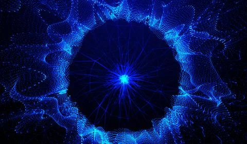 3D abstract digital technology blue light particles on blue background. Stock Illustration