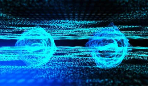 3D abstract digital technology blue particles wave on blue background. Stock Illustration