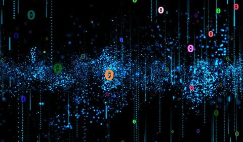 3D abstract digital technology blue particles network on black background. Stock Illustration
