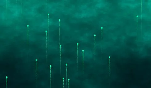 3D abstract digital technology green particles on red background. 스톡 일러스트