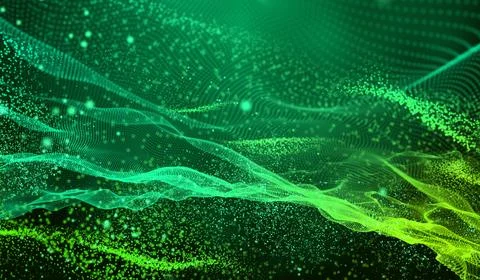 3D abstract digital technology green particles network wave on green backgr.. Stockillustratie