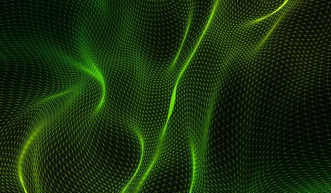 3D abstract digital technology green particles network wave on black backgr.. Illustrazione stock