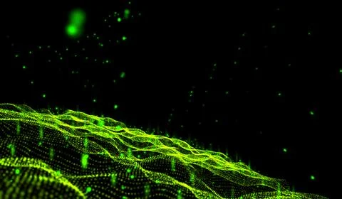 3D abstract digital technology green light particles network wave on black .. Stock Illustration
