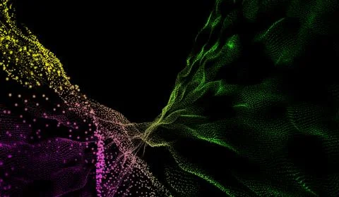 3D abstract digital technology multicolored particles wave on black backgroun Stock Illustration