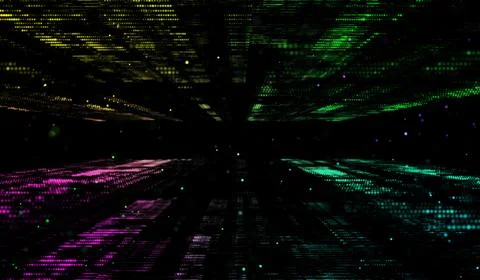 3D abstract digital technology multicolored particles on black background. 스톡 일러스트