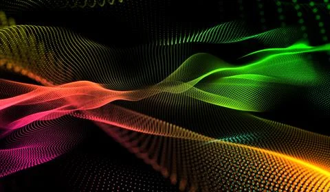 3D abstract digital technology multicolored particles network wave on black.. Stock-Illustration