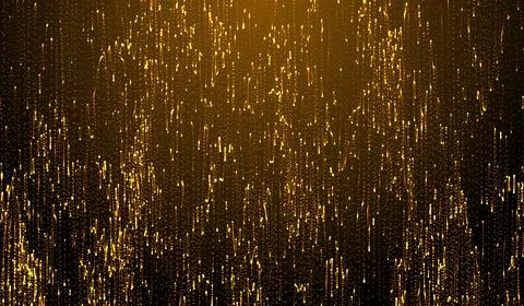 3D abstract digital technology orange-gold particles on red background. Stock Illustration