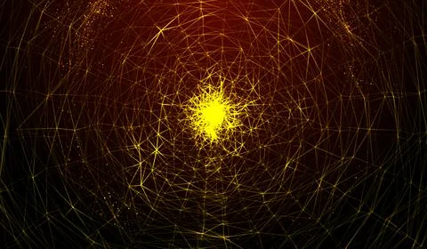 3D abstract digital technology orange-gold particles on red background. Stockillustratie