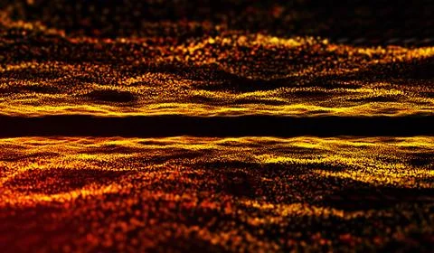 3D abstract digital technology orange-gold particles wave on red background. Stockillustratie