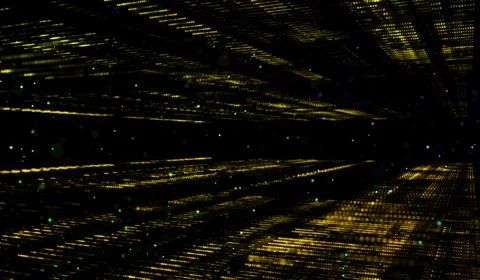 3D abstract digital technology orange-gold particles on black background. Illustrazione stock