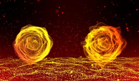 3D abstract digital technology orange particles wave on red background. 스톡 일러스트