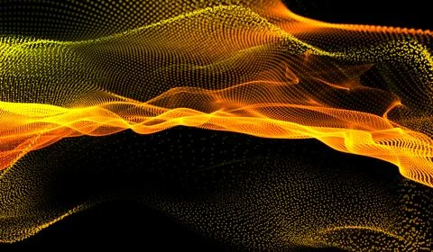 3D abstract digital technology orange-gold particles network wave on black .. Illustrazione stock