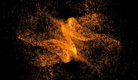 3D abstract digital technology particles fragmentation and mixing of orange.. 스톡 일러스트