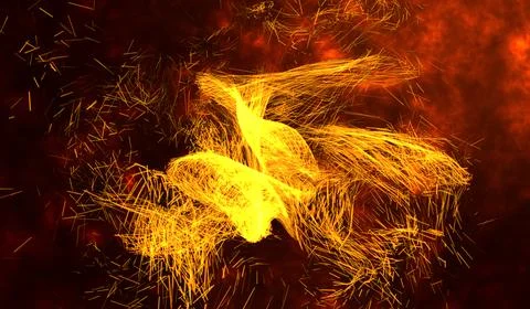 3D abstract digital technology particles fragmentation and mixing of orange.. 库存插图