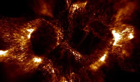 3D abstract digital technology particles fragmentation and mixing of orange.. 스톡 일러스트