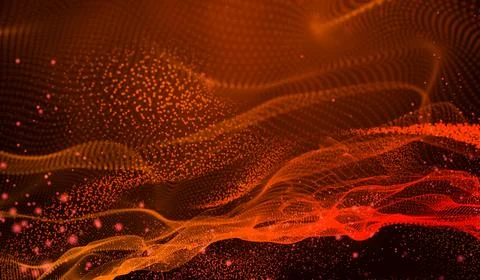 3D abstract digital technology red particles network wave on red background. Stock Illustration