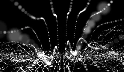 3D abstract digital technology white light particles network wave on black .. Stock Illustration
