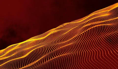 3D abstract digital technology yellow-orange light particles on red gradien.. Stock Illustration